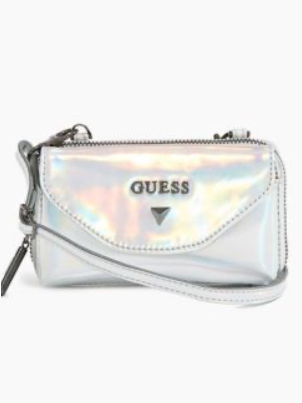 GUESS Holographic Iridescent Silver Wristlet Clutch